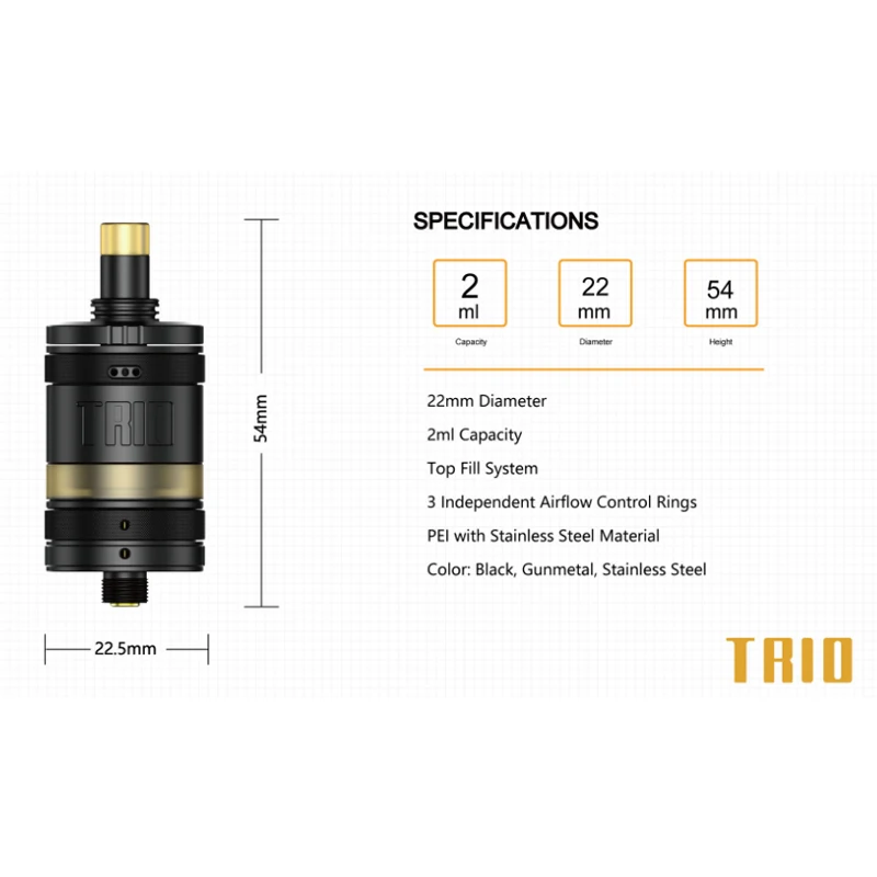 Originale ZQ Trio RTA Tank MTL & DTL atomizzatore 3ml capacità Single Coil RTA vaporizzatore 3 controllo del flusso d'aria 22mm diametro E sigarette