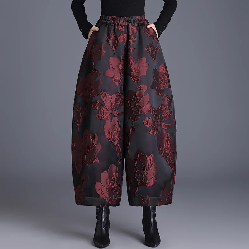 High-End Embossed Floral Wide Leg Pants Women's Autumn Winter New Style Warm down Cotton Pants Nine-Point Lantern Pants Boot ...