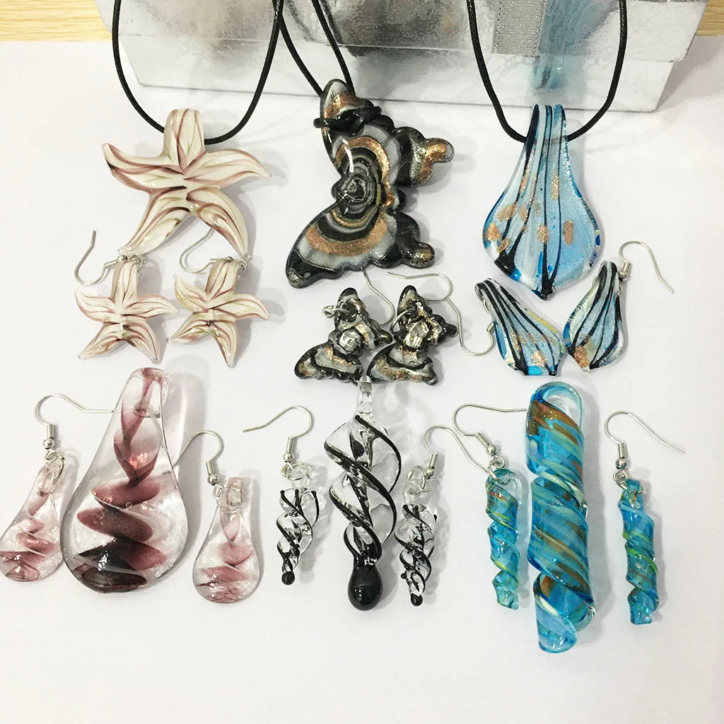 6 Set Mix Shapes Murano Glass Lampwork Pendant Necklace Earrings For Women Butterfly Starfish Spiral Water Drops