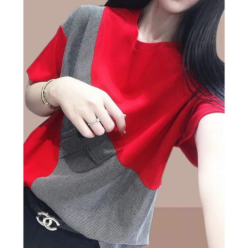 Korean Fashion Female Patchwork Short Sleeve T-shirt 2023 Summer Women\'s Clothing Commute All-match Round Neck Pullovers Tops