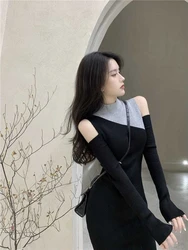 Turtleneck Clothing Solid Black Colorblock Female Dress Over The Shoulder Midi Women's Dresses Cover Up Crochet Sexy Daring Knit