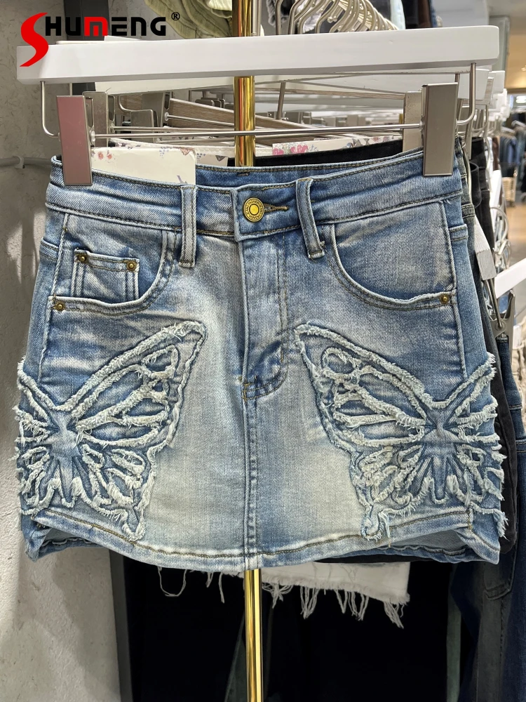 Amerikaanse Stijl Sexy Meisje Elastische Vlinder Geborduurde Denim Rok Schede Dames 2024 Zomer Nieuwe Rokken Dames Chique Mini Rokken