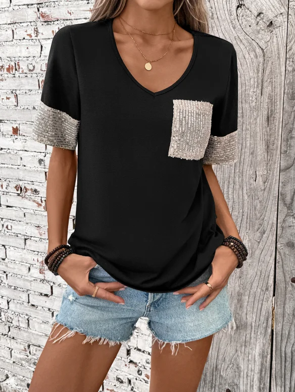 

Versatile Casual Black and White Contrasting Heavy Industry Sequin Decoration T-Shirt Summer Casual Fashion Short Sleeved Top