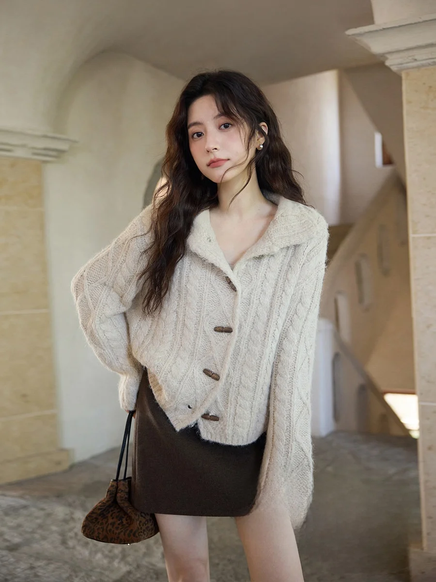 

Свободный корейский свитер-кардиган на осень-зиму, светло-бежевый, в стиле «lazy», с эффектом высокого класса, женская модная верхняя одежда