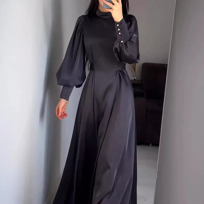 Elegant Lantern Sleeves Solid Color Commuting Dress Casual Women's O-neck Satin Robe Dress Vintage High Waisted Pleated Dresses