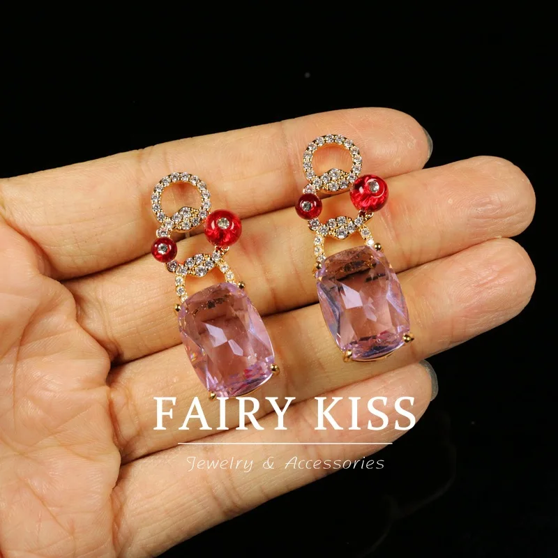 Medieval fashion necklace earrings inlaid with purple handmade glass copper wax inlaid jewelry 925 silver needle ear stud