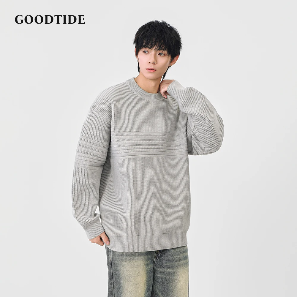 Fashion Men's Casual Crew Neck Sweater 2025 Winter New Textured Stripe Knitted Pullover Comfortable Soft Long Sleeve Jumper Top