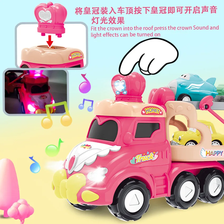 Double Layer Storage Transforming Transporter Princess Crown Music Light Container Truck Girl Toy Car suit