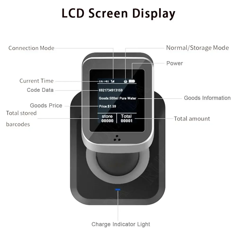 Barcode Scanner with Charging Base 2d Handheld Wireless & Bluetooth Bar Reader with Display Screen PDF417 DM code qr Code Reader
