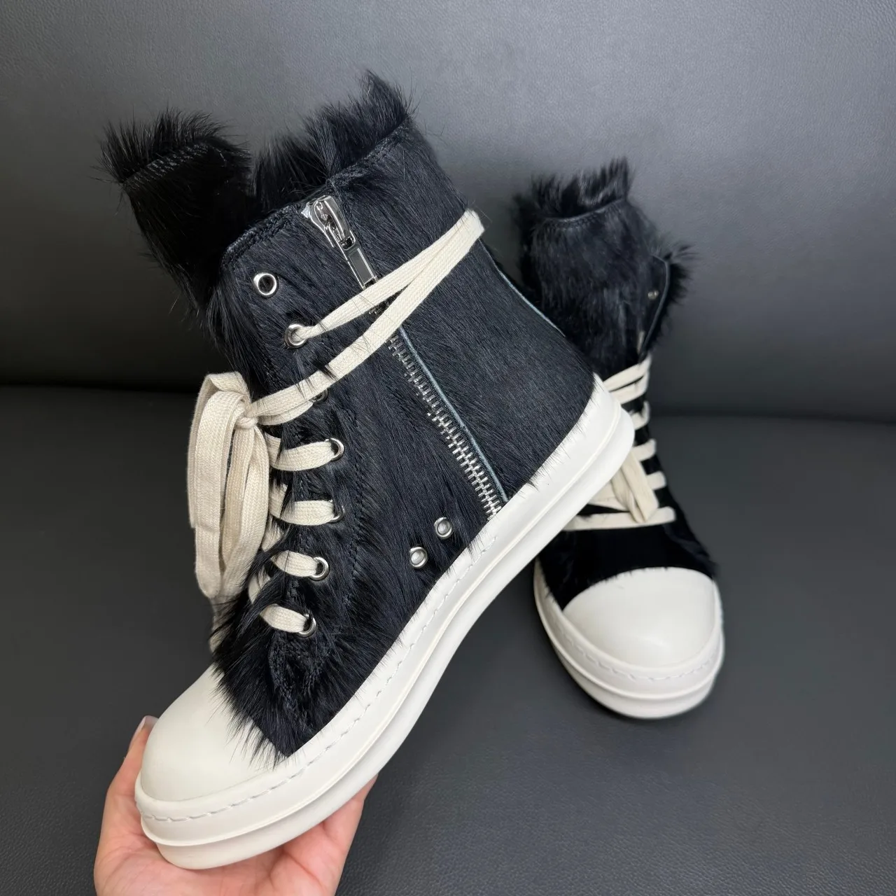 Classic Sneakers Men Casual Shoes Black Horse Hair Sneaker Luxury Women High Top Shoe Blue Horsehair Boots Zipper Ankle Boot