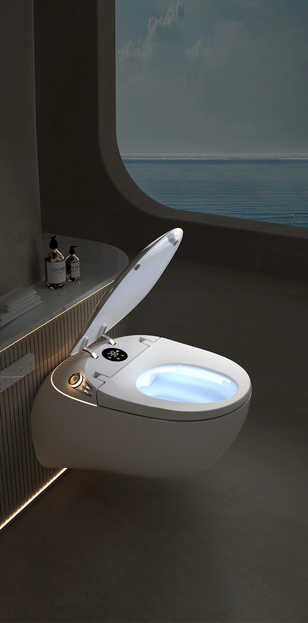 Toalete inteligente montado na parede, tampa automática, sensor de pé, pressão de água nivelada, impulsionador, mãos livres, banheiro inteligente