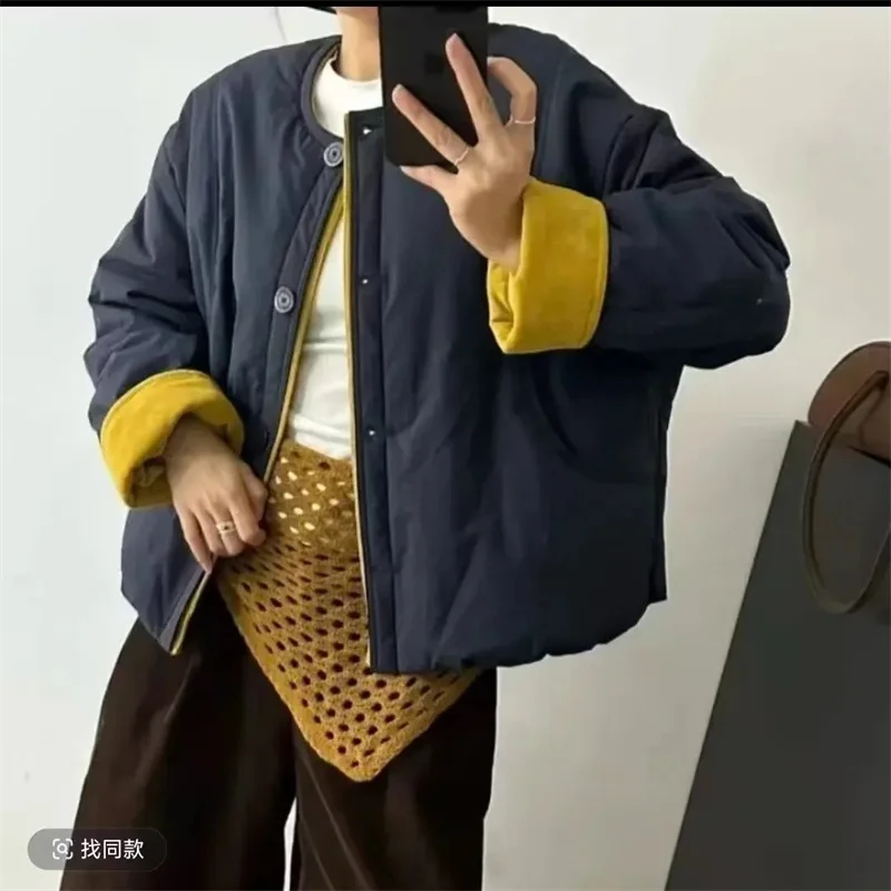 معطف نسائي كوري بخياطة متباينة 2026 لخريف وشتاء جديد مبطن بالقطن سترة نسائية قصيرة ورقيقة ملابس خارجية عصرية فضفاضة #1