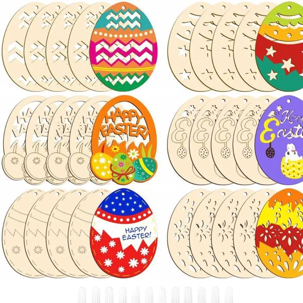 

30/36/60pcs 1 Set Wooden Wooden Easter Pendant Rabbit Craft Easter Hanging Ornament Happy Easter DIY Painting Easter Egg Pendant