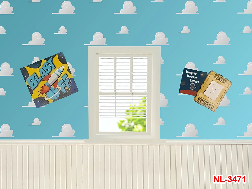 1st Birthday Toy Story Theme Backdrops Interior Window Door House Cloud Blue Sky Backgrounds Photographic Newborn Baby Props