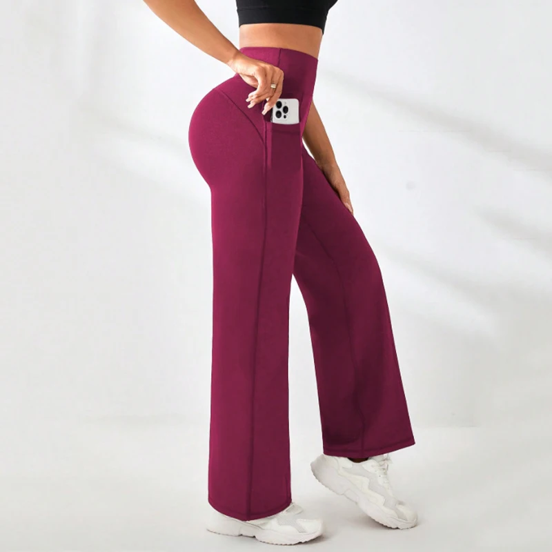 Sports Straight Leg Pants for Women Breathable Quick Drying Wide-Leg Fitness Yoga Pants Woman Pocket High Waist Casual Trousers