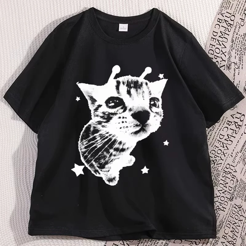 

Y2K Alien Cat T-shirts Meme Retro Silly Cat Tshirt Vintage Kitty Funny T-Shirt Men Women Cotton graphic t shirts aesthetic