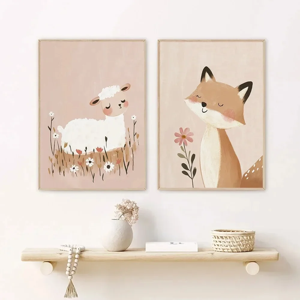 Nordic Pink Cute Cartoon Animal Fox Unicorn Illustration Posters Prints Canvas Painting  Living Room Home Decor view 4