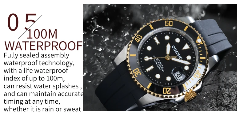 DEESIO Men's Luxury Full Automatic Mechanical Watch, Black-Golden Dial, Luminous Self-Winding, Date Calendar, High-Hardness Mineral Glass, Soft Silicone Rubber SweatproofStrap,Upgrade 100M Water Resistant, Business Casual Sport Analog Round Gift for Men