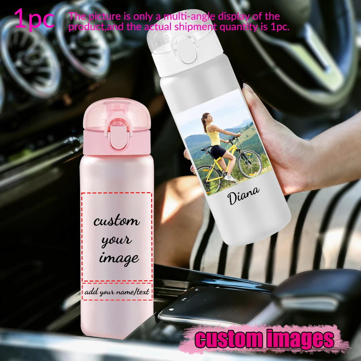 1pc Customized Sports Water Bottle, Photo&text, 780ml/26oz Outdoor Travel Leakproof Plastic Water Bottle with Rope