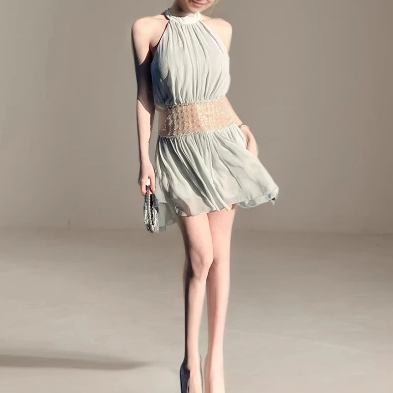 

French Style Hollow Out Beading Decoration Dress Elegant Sleeveless Solid Chiffon Dress Sexy Off Shoulder Pleated Spliced Dress