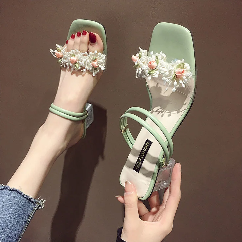 

Sandals for women 2025 new fashionable summer floral high heels thick heels sandals