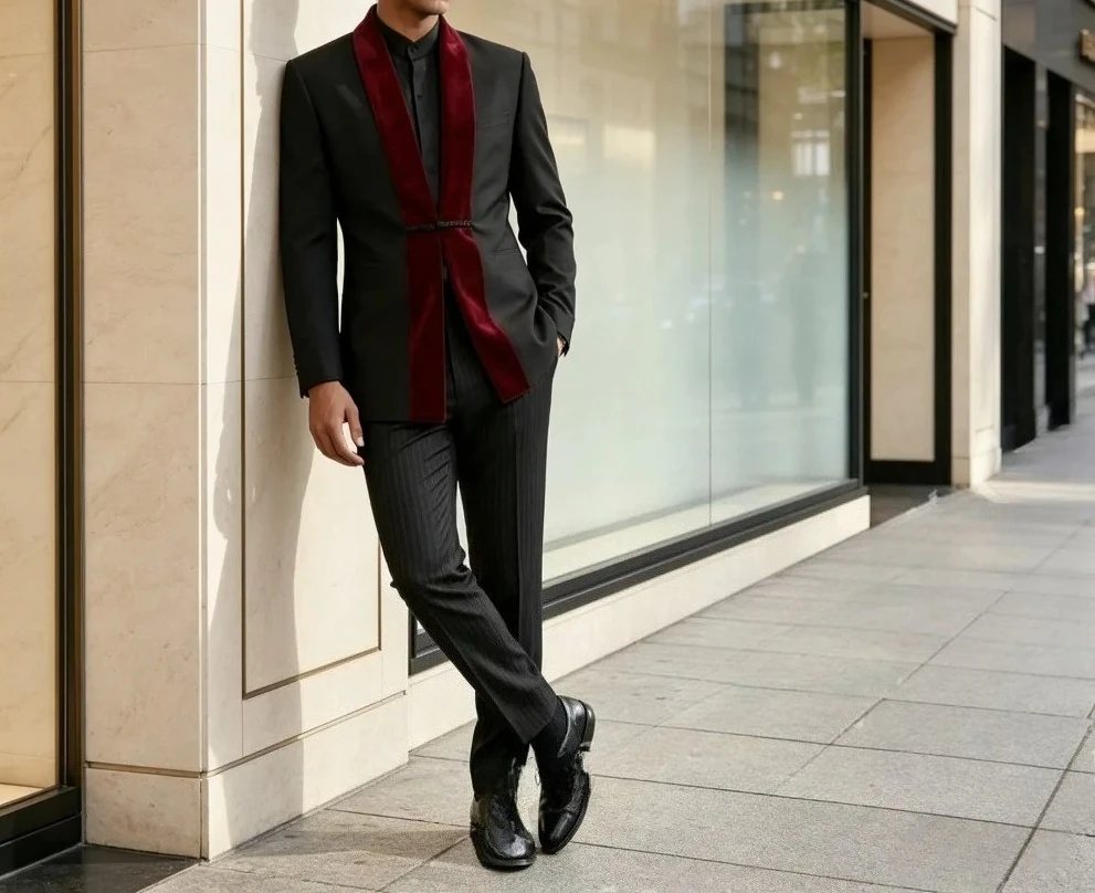 Men Black Tuxedo 2pcs Set Burgundy Velvet Peak Lapel Blazer Slim Pants 2026 Waist Buckle Tailored Fit For Wedding
