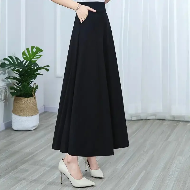 

A-line Skirt with Elastic Waist Long Skirt Long Skirt Women Slimming Black Skirt