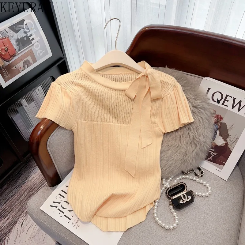 Summer Sweet Slim Ice Silk Knit T-shrit Sweater Women Lace-up Collar Hollow Out Short Sleeve Sweater Pullover Knitwear Tops Tees