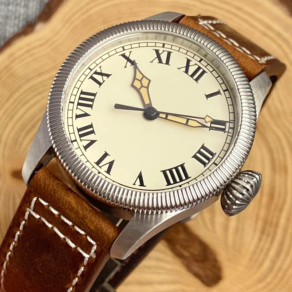 Tandorio 39mm Dress 20ATM Dive Automatic Watch Men Pilot Cream Dial NH35A PT5000 Sapphire Luminous Leather Band Big Onion Crown