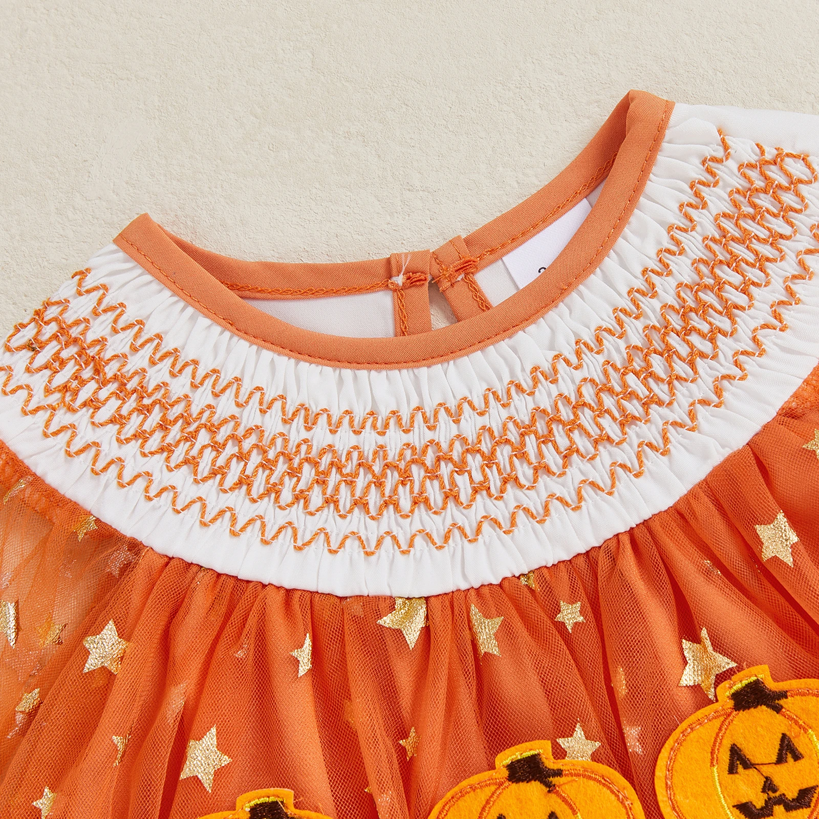 

0-18M Infant Baby Girl Halloween Bodysuit Long Sleeve Pumpkin Embroidery Smocked Romper Newborn Tulle Dress