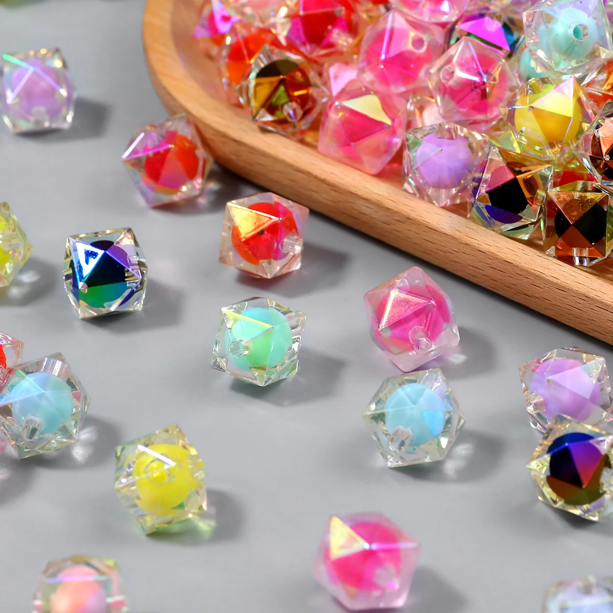 16mm Mixed Candy Color Acrylic Square Bead-in-Bead Glass Spacer Loose Beads For Jewelry Making Bracelet DIY Keychain Accessories