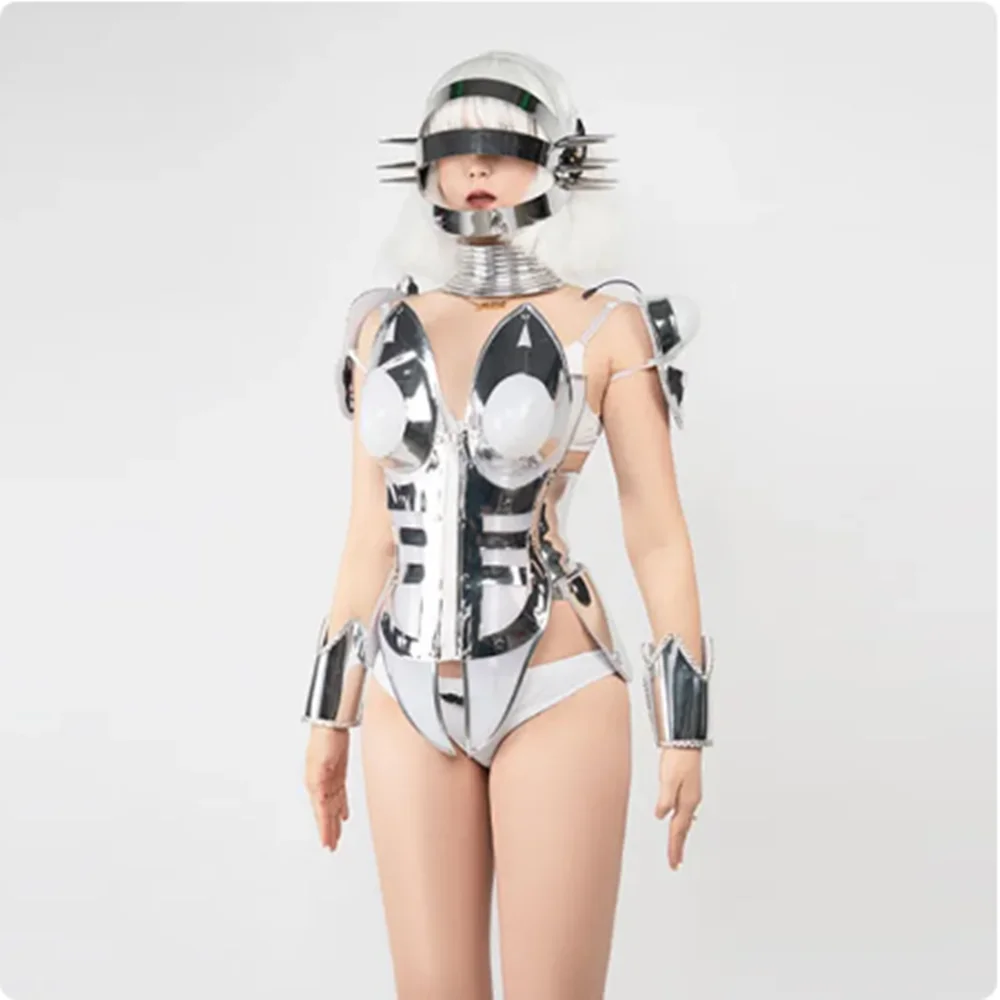 2025 Punk Future Technology Armor Rivet Helmet Nightclub Bar Gogo Dancer Stage Costume Cosply Outfit Drag Queen Clothes yj079