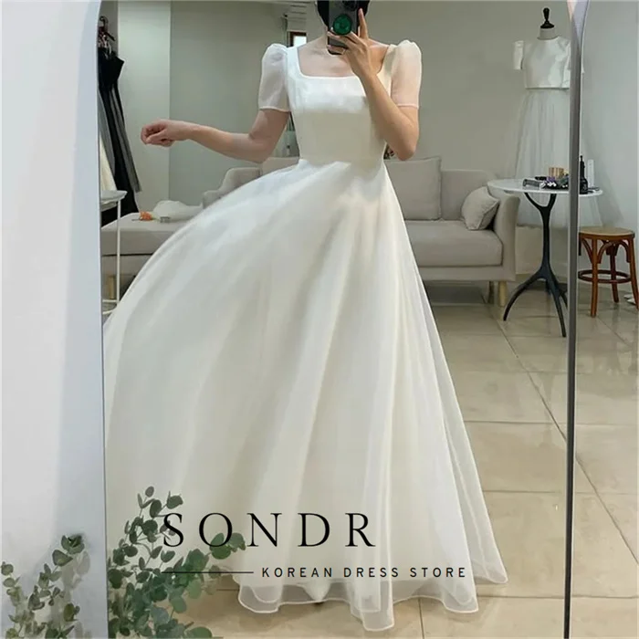 Sondr Elegant Square Neck Korea Garden Wedding Dresses Cap Sleeves Corset/Zipper Back Customized Organza Bride Gowns Party Bride
