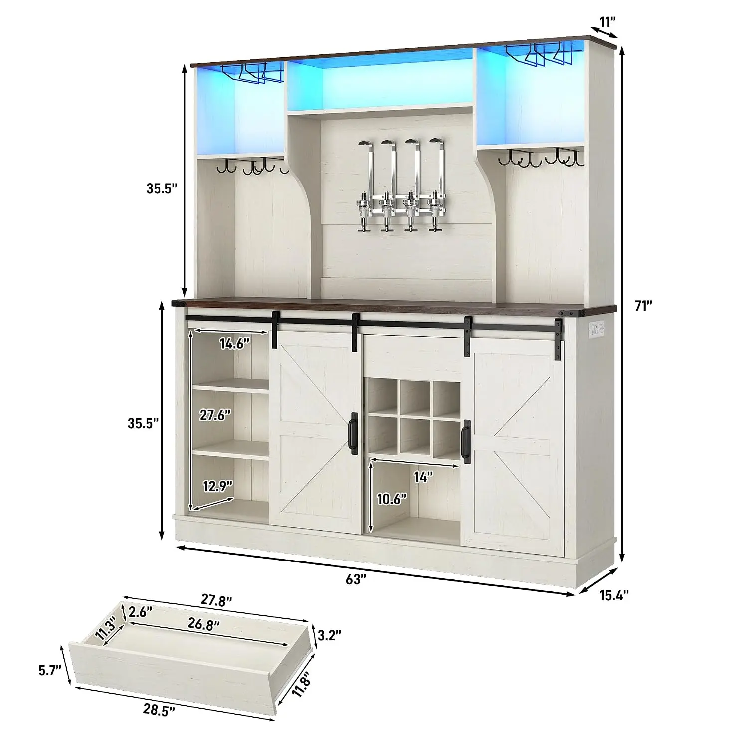 Farmhouse Coffee Bar Cabinet with LED Light, Charging Station & Sliding Barn Doors - 63