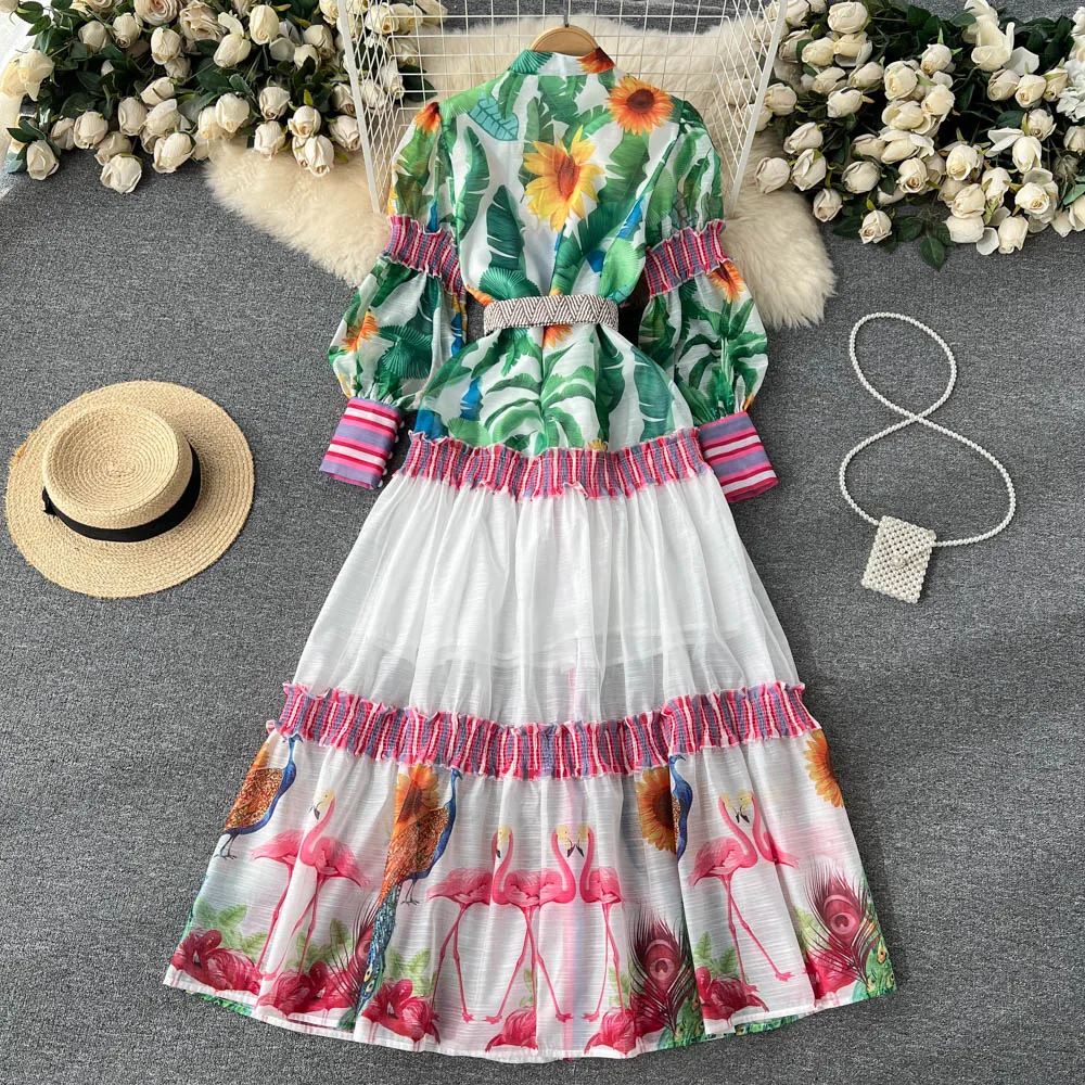 2024 New Luxury Maxi Dress ForWomen Floral Pirnted Ruched Stand Collar Lantern Sleeve Single Breasted Party Dresses Vestidos