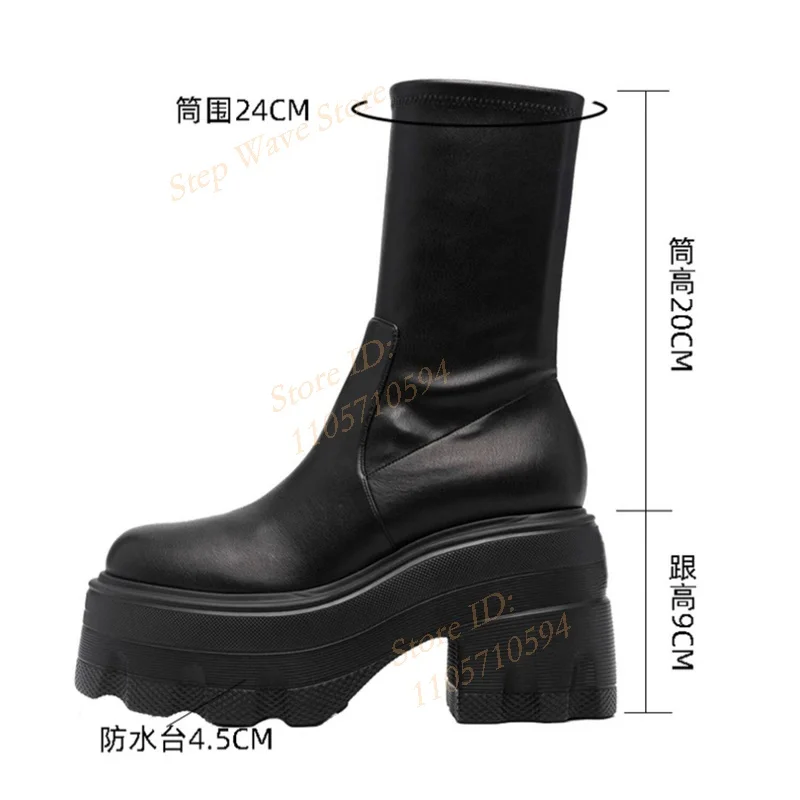 Thick Sole Black Matte Leather Ankle Booties Round Toe Chunky High Heel Slip On Runway 2026 Winter Autumn Women Dress Shoes