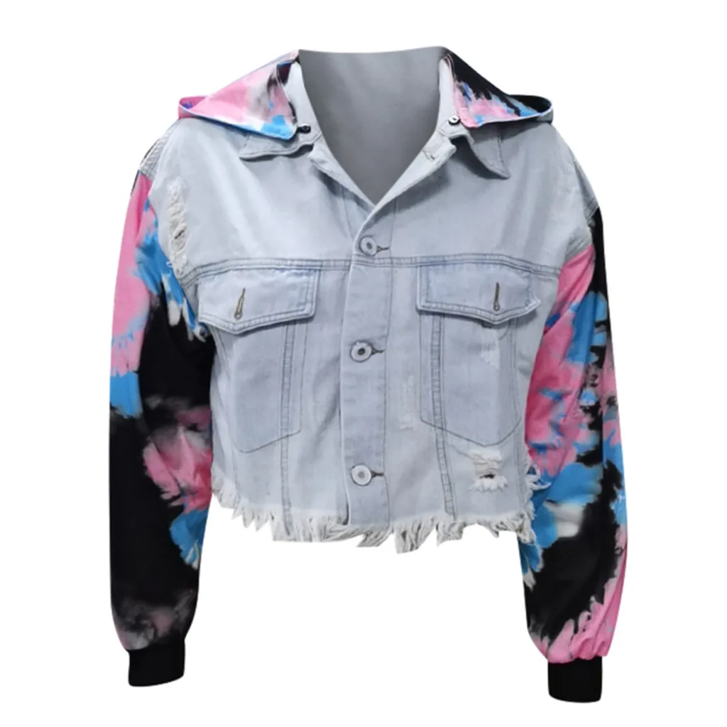 Giacca di jeans corta con cappuccio colorato per donna cappotto monopetto da donna Casual corto in Denim sfilacciato moda Outwear cappotto monopetto