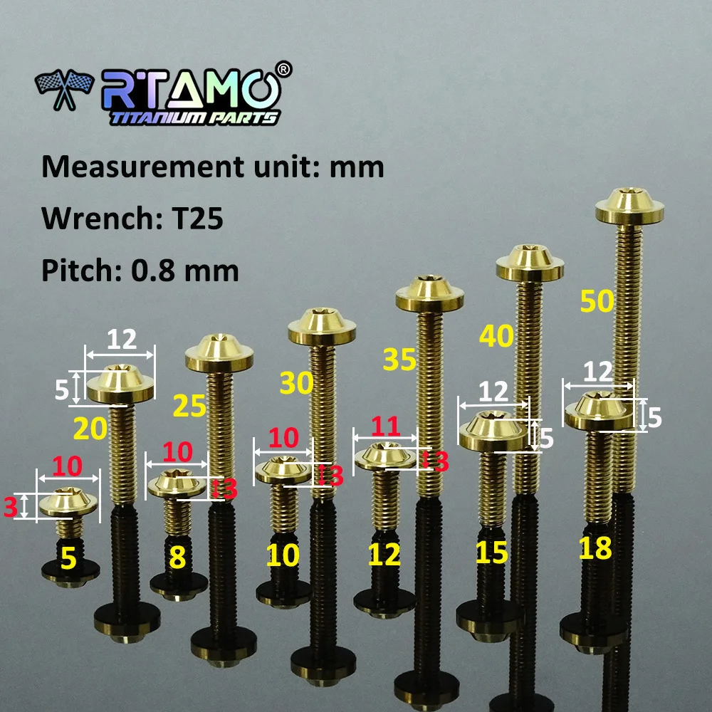 RTAMO Gr5 Titanium Bolt M5X5/8/10/12/15/20/25/30/35/40/50mm Ti Torx Head Screw for Bike Motorcycle Dress Up