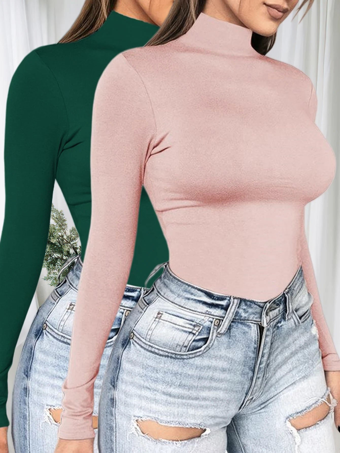 

Новая женская однотонная водолазка с длинным рукавом, модная повседневная футболка, комплект из двух предметов