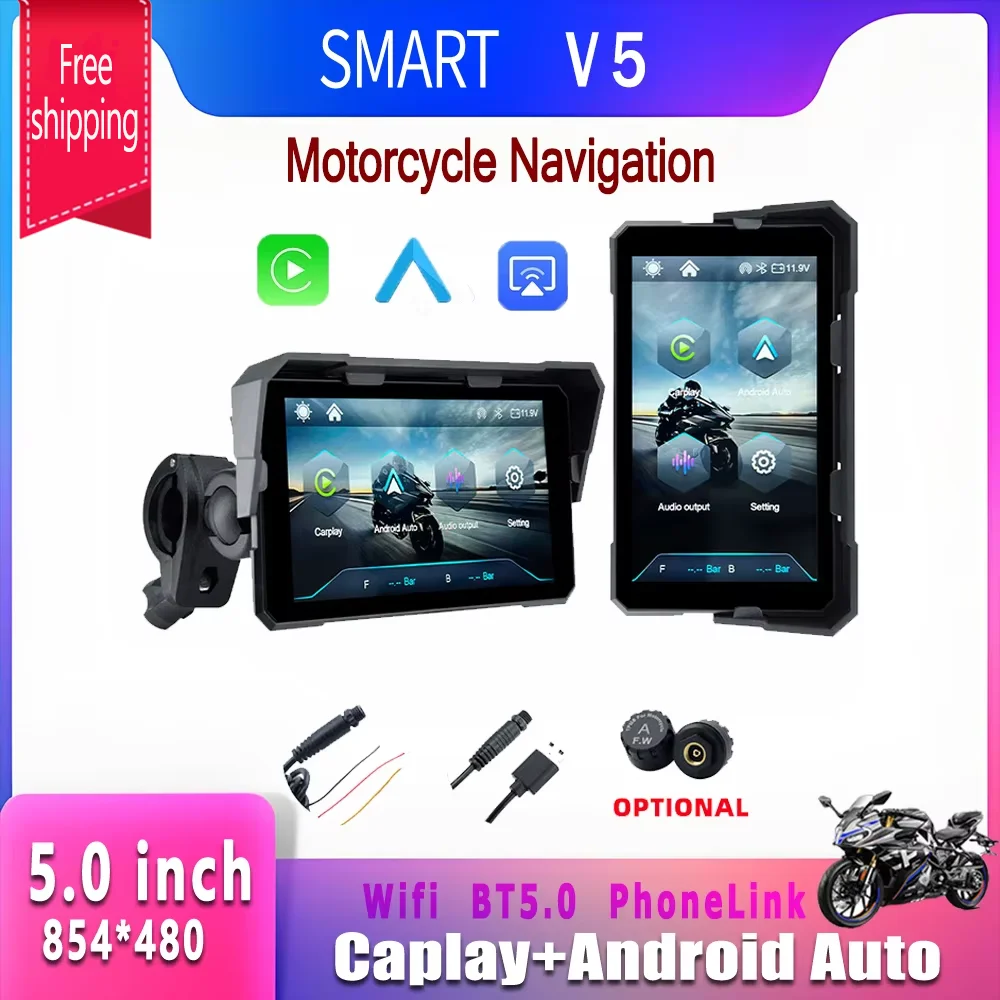 SMART 5 inch Wireless Carplay Android Auto GPS Navigation Rotation Display Screen Support TPMS Waterproof Motorcycle Monitor