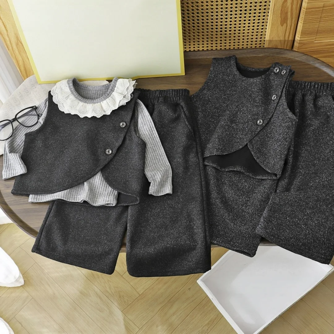 1-6 Jahre Herbst-Mädchenweste im Korea-Stil mit Rüschen und Spitze, O-Ausschnitt, Langarm-Oberteil, Weiche Elastische Taille, Kinderhose – Detail 11
