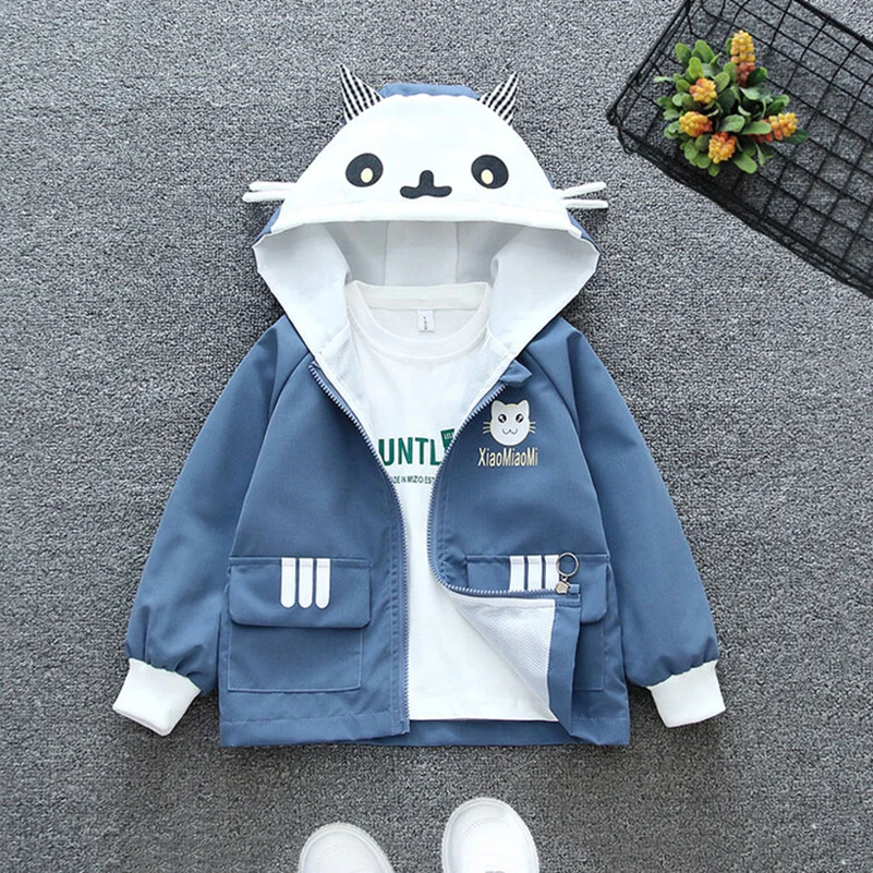 Spring and Autumn 2024 Girls and Children's Leisure Printed Cat Long sleeved Hooded Zipper Coat Children's Clothing 1-6 Years