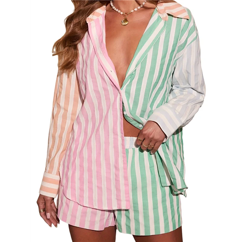CYL-レディース カジュアル セットアップ ストライプ 長袖シャツとゆったりハイウエストミニショートパンツセット ピンク グリーン M