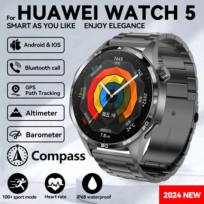 

Умные часы Huawei Watch 5 Pro для мужчин 1.53 - дюймовый экран NFC GPS компас частота сердечных сокращений водонепроницаемый Bluetooth телефон Умные часы для женщин