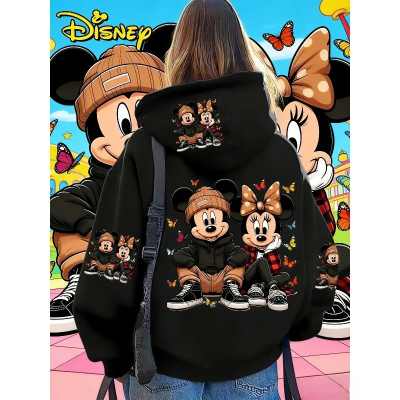 Unisex Disney Cotton Fleece Hoodie Black Color with Mickey Minnie Sitting Pose and Colorful Butterflies Back Print Loose Fit