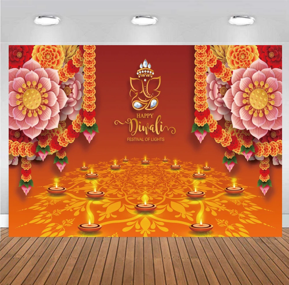 

Happy Diwali Backdrop for Photography Indian Festival Candle Light Oil Lamp Mural Decorations Photo Background Wall Banner Props