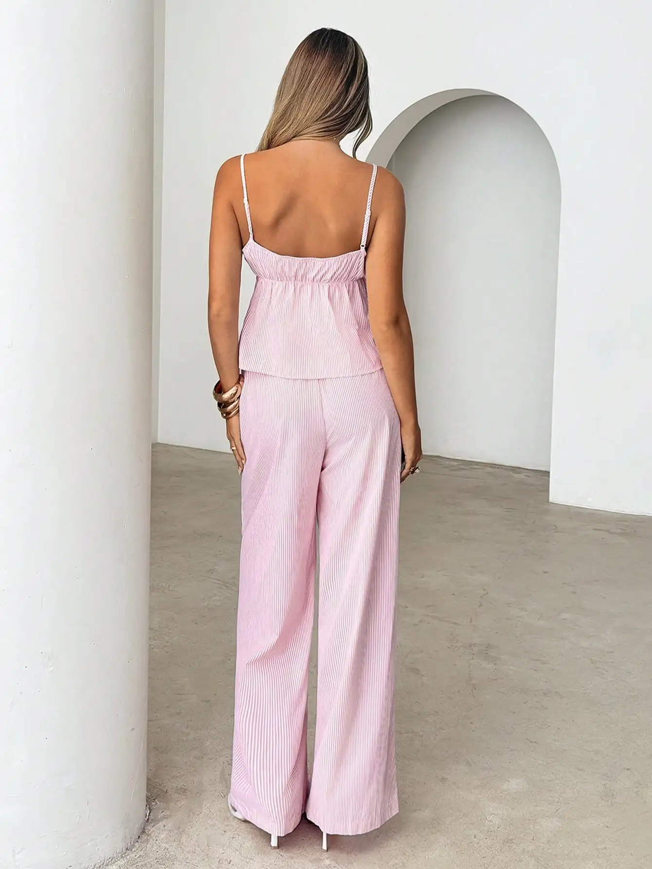 

Pink Striped Camisole Crop Top And Wide Leg Pants 2 Piece Set Casual Summer Outfit
