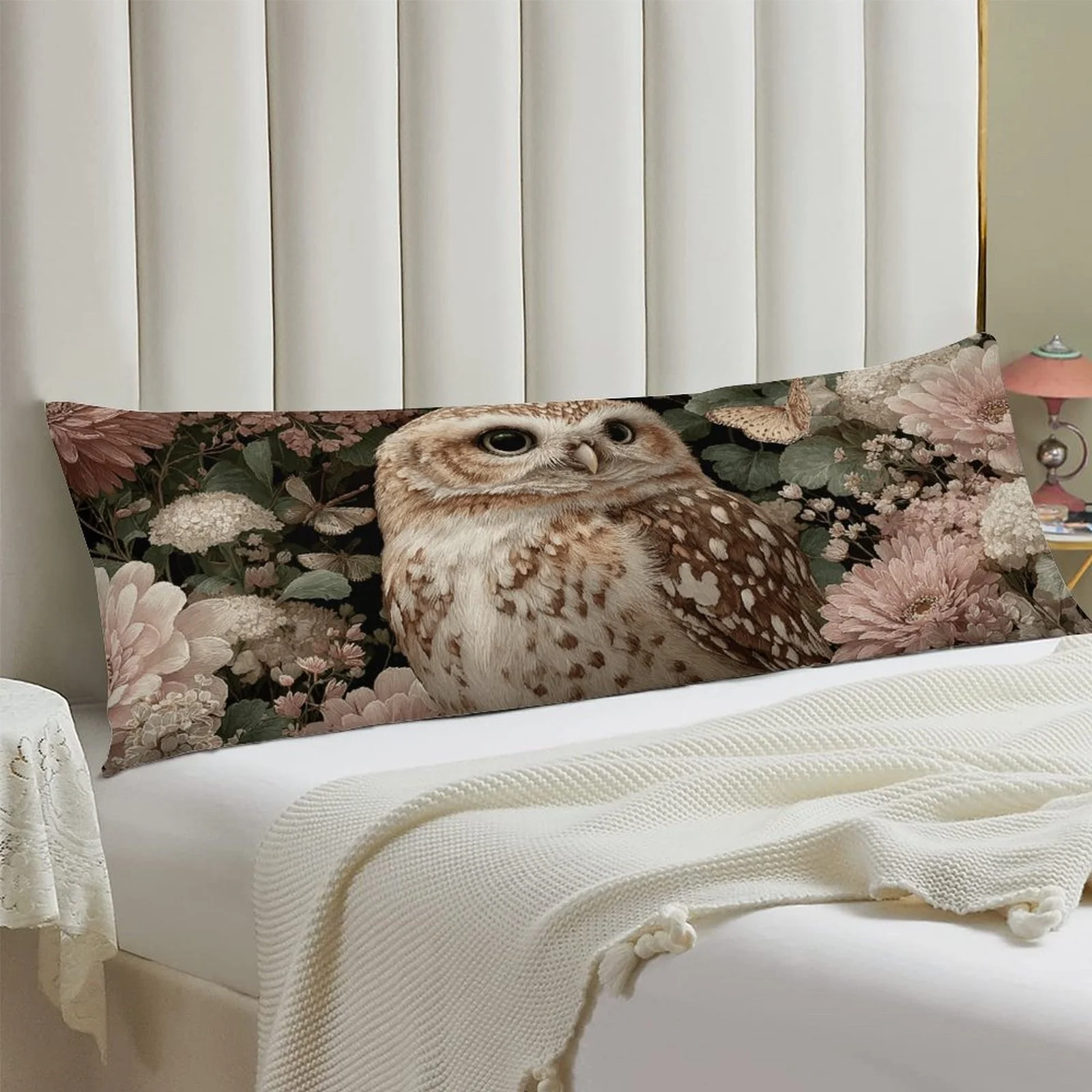 Flowering Bush Owl Design Pillowcase, Stylish Long Plush Full-Size Bed Pillow Cover, Soft and Comfortable Decorative Double-Side