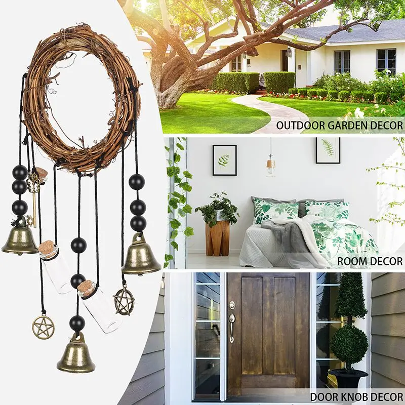 Witch Bells Magical Wind Chimes Banish Evil Rattan Rings Wind Chimes Wreath Doorknob Window Wall Hanging Pendant Decor Gift