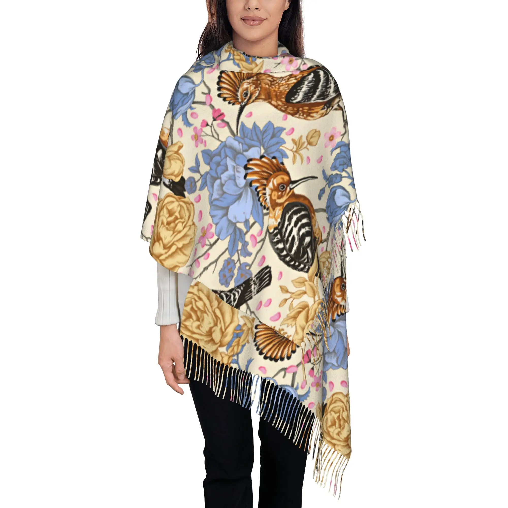 Custom Hoopoe Bird Blue Peony Vintage Floral  Tassel Scarf Women Winter Fall Warm Shawl Wrap Ladies  Scarves